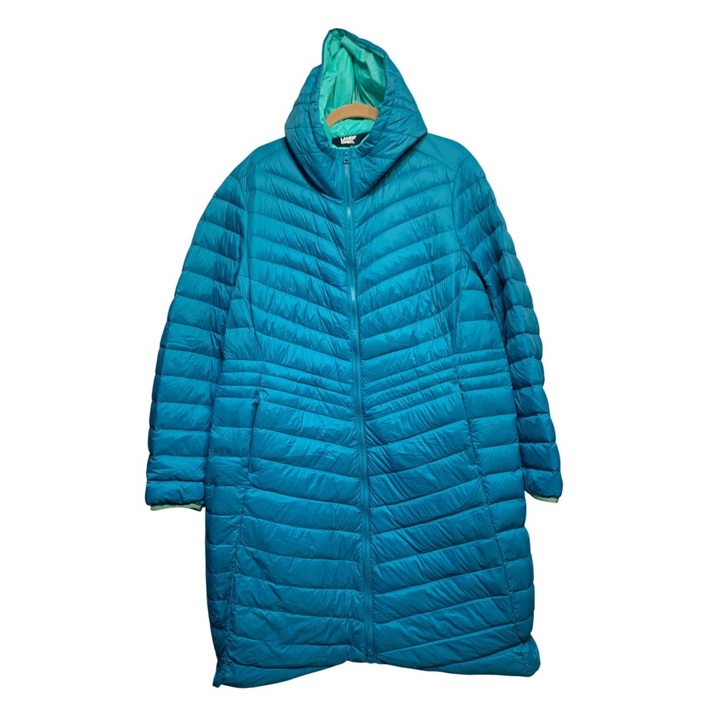 Lands End Puffer Coat 1X Turquoise Blue Hooded Down Fill Quilted Parka 16W-18W
